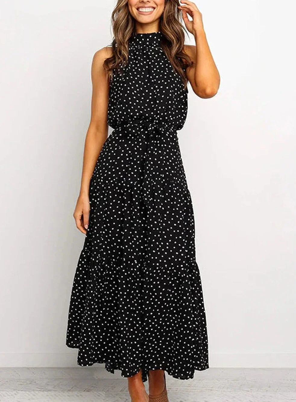 Lange jurk met print en strik in de taille