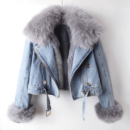 Zyphronix™ denim motorjack met afneembare kraag van imitatiebont