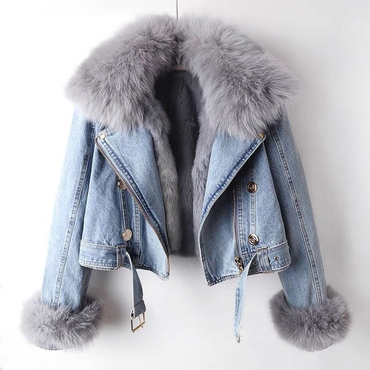 Zyphronix™ denim motorjack met afneembare kraag van imitatiebont