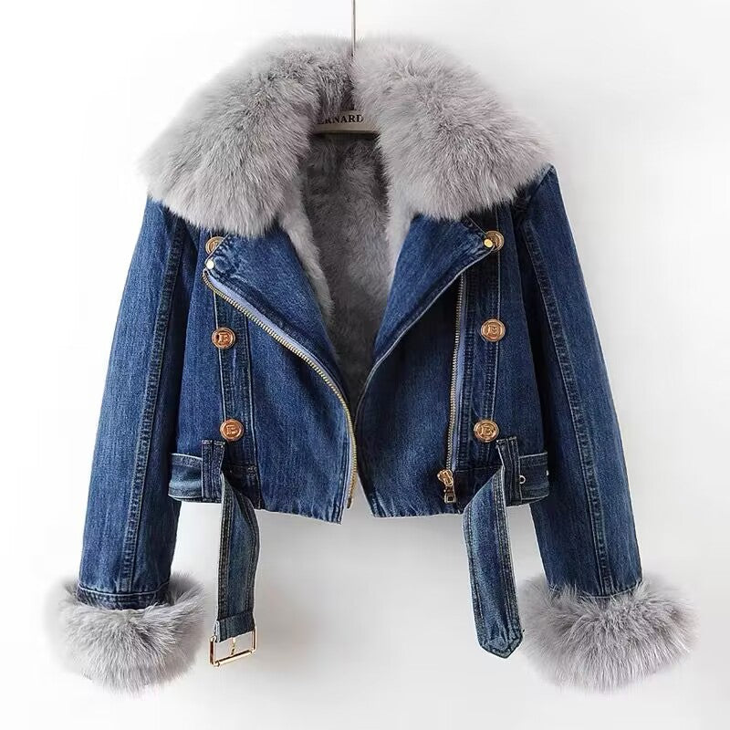 Zyphronix™ denim motorjack met afneembare kraag van imitatiebont