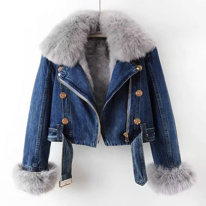 Zyphronix™ denim motorjack met afneembare kraag van imitatiebont