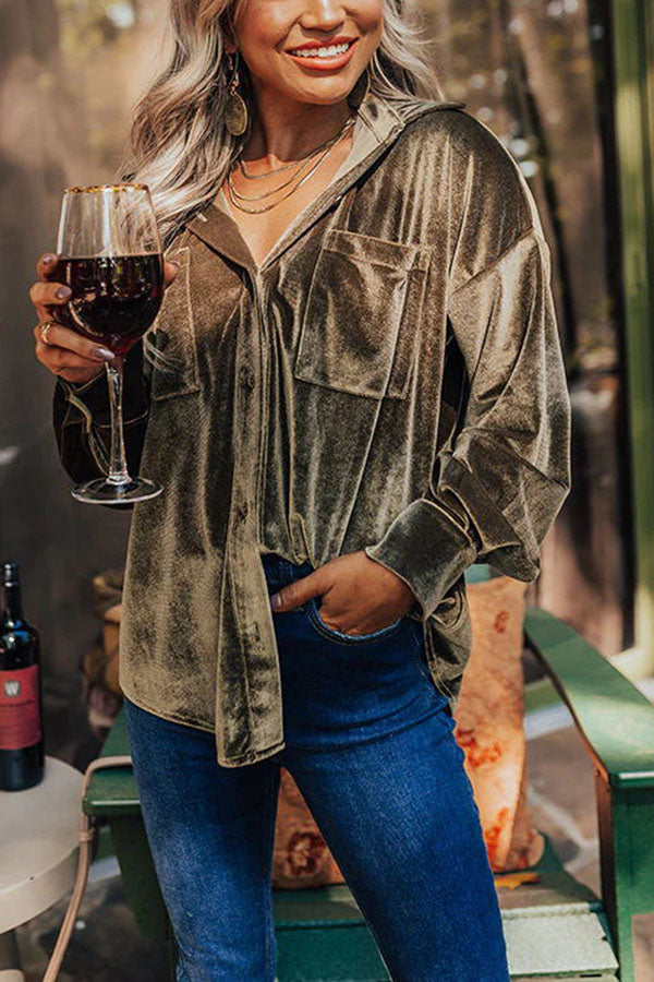 Waldine Blouse | Fluwelen Blouse met Knoopsluiting en Zakken