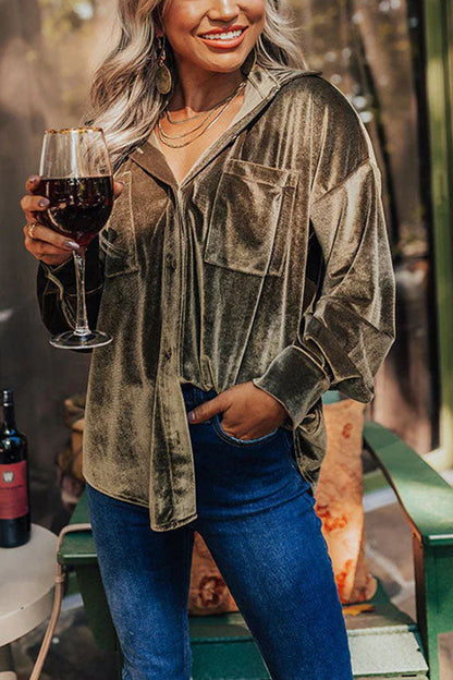 Waldine Blouse | Fluwelen Blouse met Knoopsluiting en Zakken