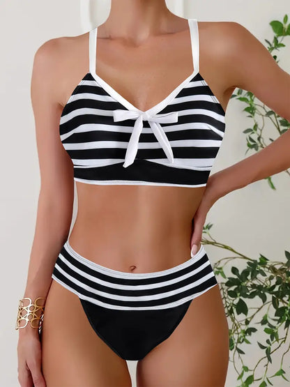 Sexy gestreepte print strik V-hals bikini