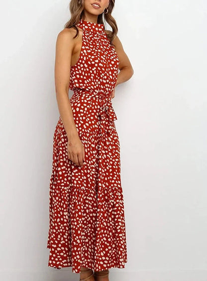 Lange jurk met print en strik in de taille