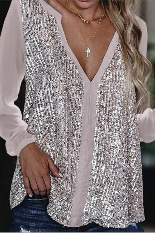 Wiesbeth Blouse | Lange Mouw Pailletten V-Hals Blouse