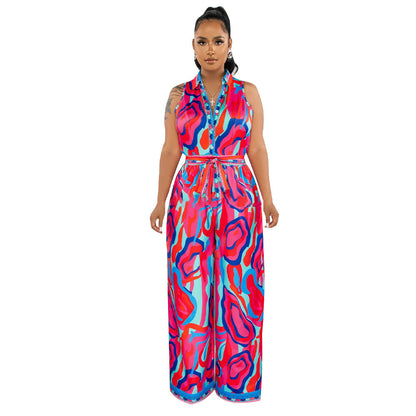 Camille - Wijd uitgesneden jumpsuit met strikje en abstracte print voor dames