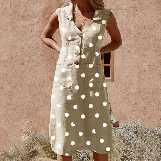 Elegante jurk met zakken en stippen, knoopsluiting, in grote maten