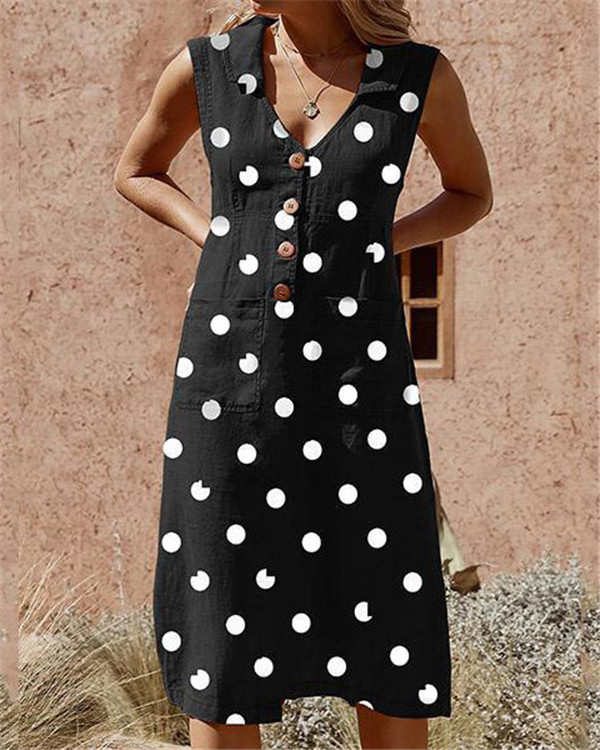 Elegante jurk met zakken en stippen, knoopsluiting, in grote maten