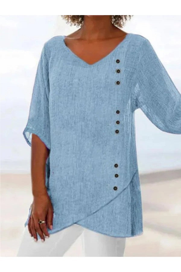 Camila Casual Blauwe Blouse V-Hals Half Effen Mouw met Knopen