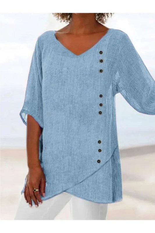 Camila Casual Blauwe Blouse V-Hals Half Effen Mouw met Knopen