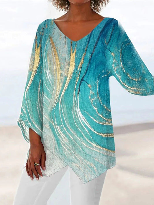 Brenda - Kleurrijke en casual geprinte V-hals blouse met lange mouwen