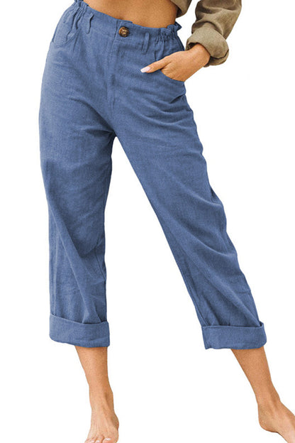 effen kleur katoen en linnen modieuze losse hoge taille casual broek