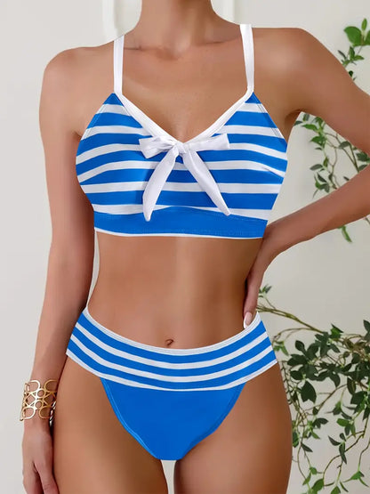 Sexy gestreepte print strik V-hals bikini