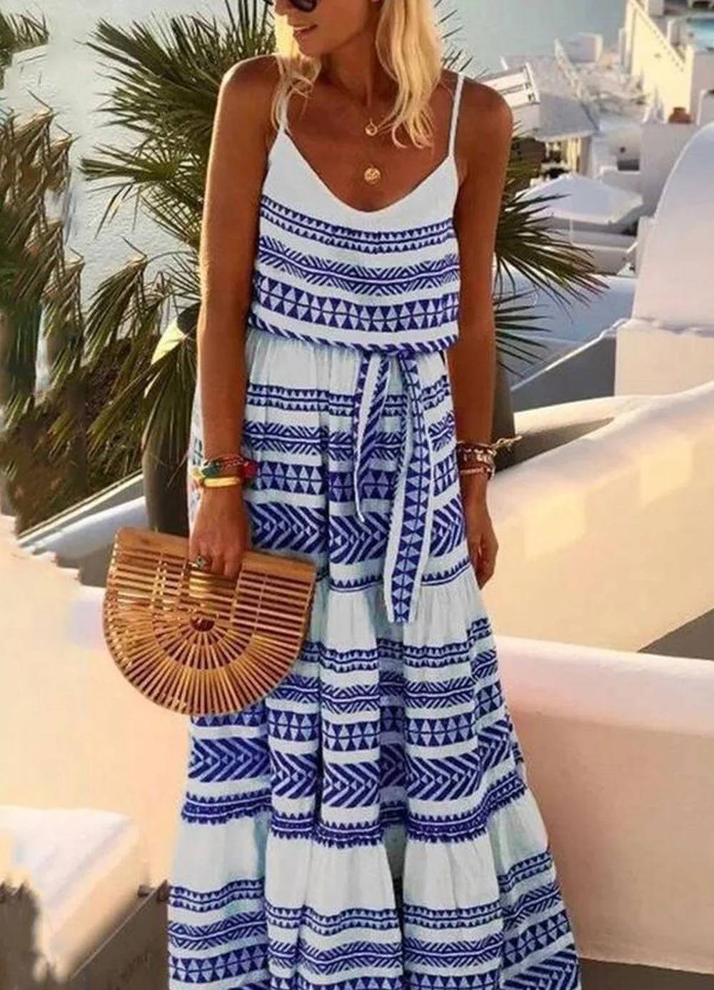 Bohemian strapless jurk met geometrische print en V-hals