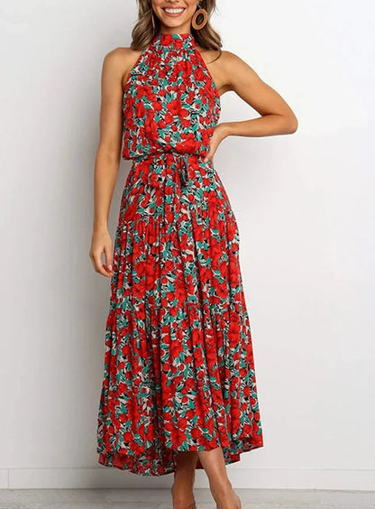 Lange jurk met print en strik in de taille