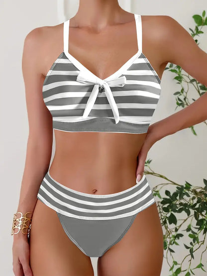 Sexy gestreepte print strik V-hals bikini