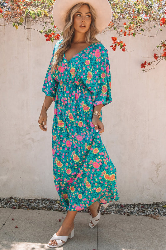 Bohemian jurk met V-hals en bloemenprint