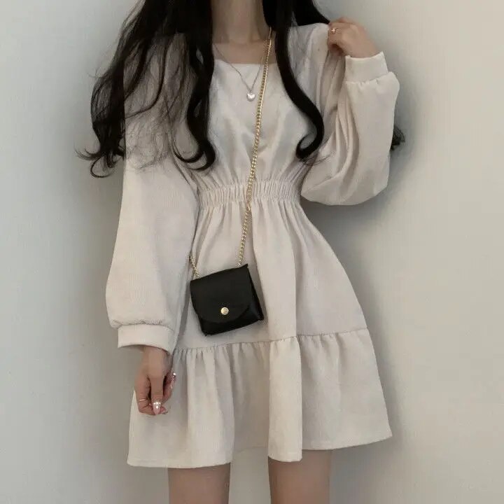 Elisna - Vierkante kraag mini jurk met hoge taille voor vrouwen.