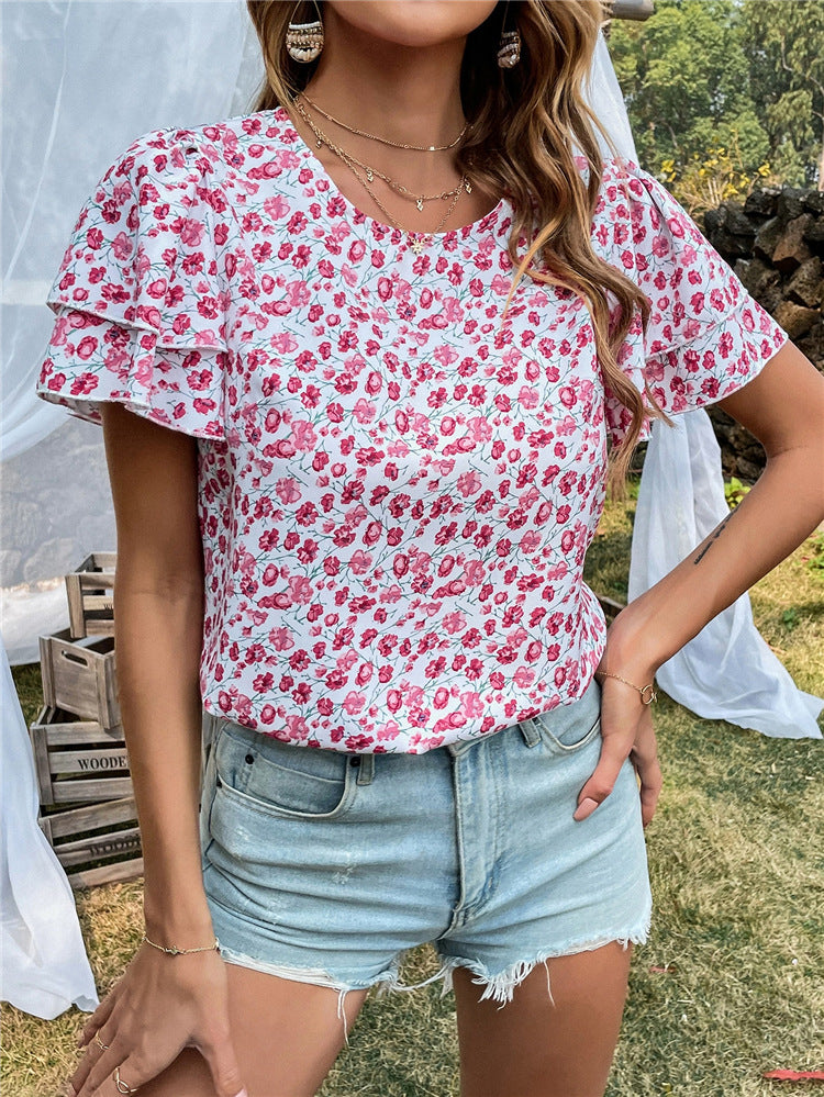 Sweater met ronde hals en print van chiffon shirt Dames top met vliegende mouwen