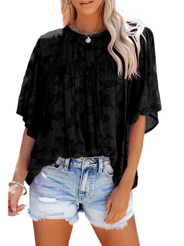 kanten blouse met vijfpuntige mouwen Europees en Amerikaans dames buitenlandse handel losse trui met ronde hals