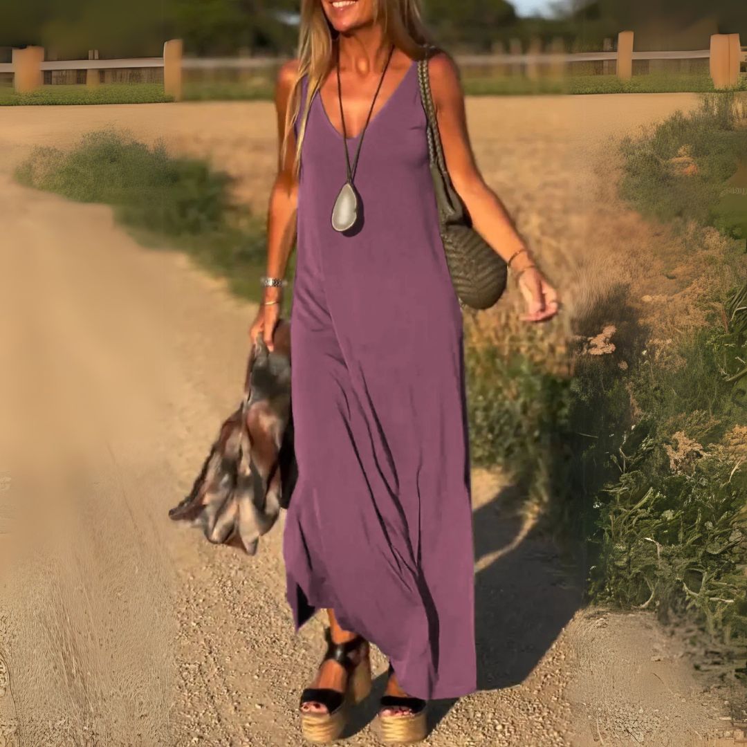 Elegante maxi-jurk zonder mouwen met V-hals