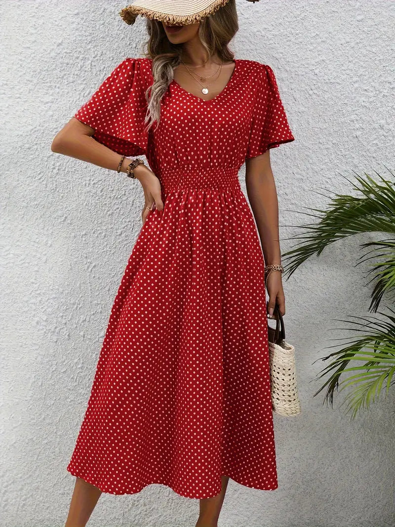 Jurk met all-over print en ronde taille, casual jurk met korte mouwen