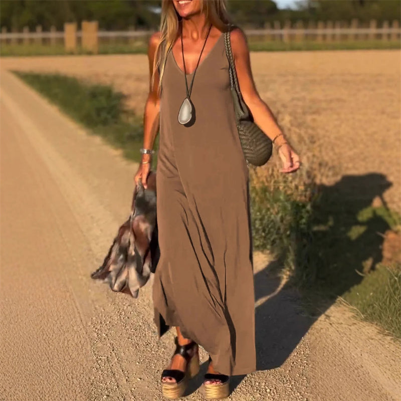 Elegante maxi-jurk zonder mouwen met V-hals