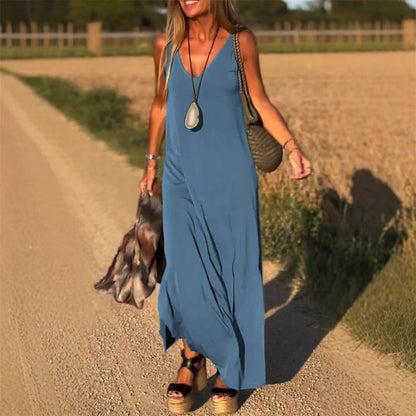 Elegante maxi-jurk zonder mouwen met V-hals