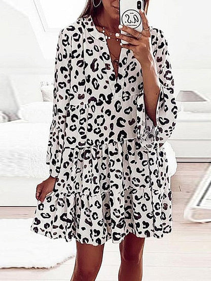 -jurk met print, lange mouwen en losse V-hals