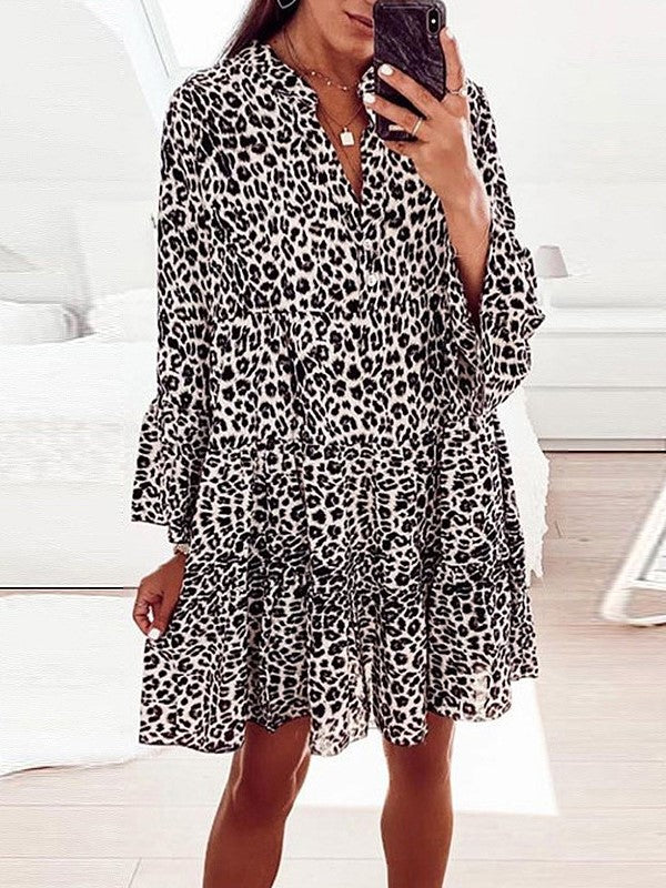 -jurk met print, lange mouwen en losse V-hals