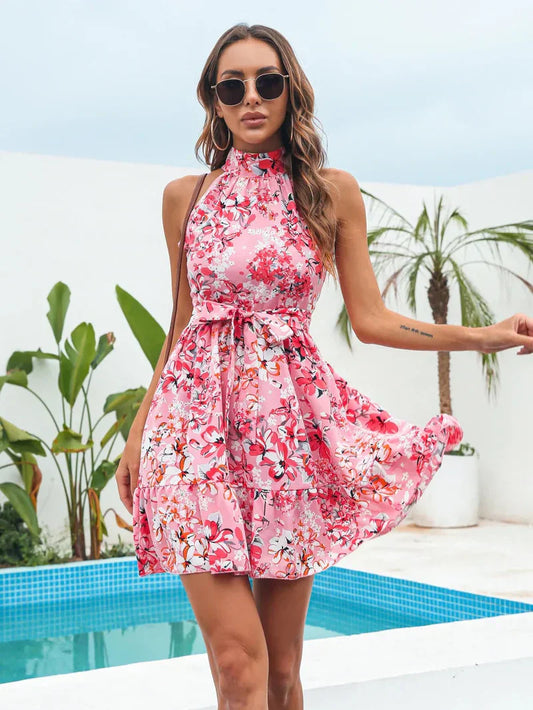 Delia - Halter mini jurk met bloemen